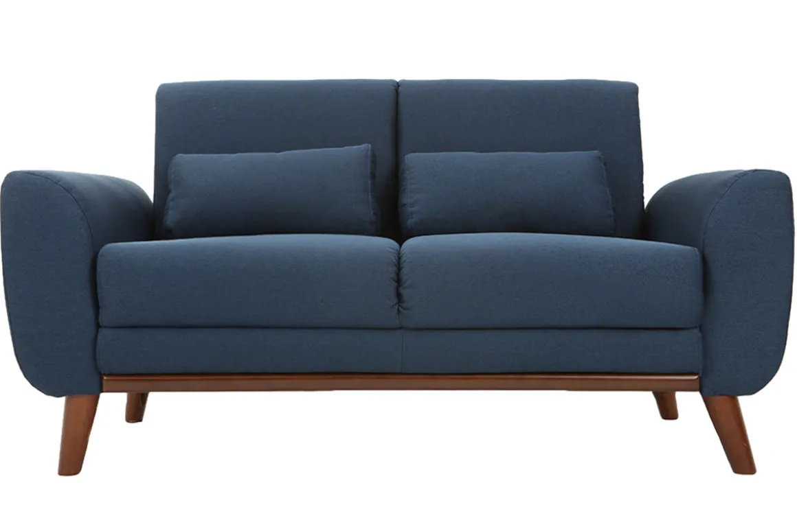 Miliboo Canapé Design|Voir Tous Les Canapés-Canapé 2 places en tissu bleu foncé et bois foncé EKTOR