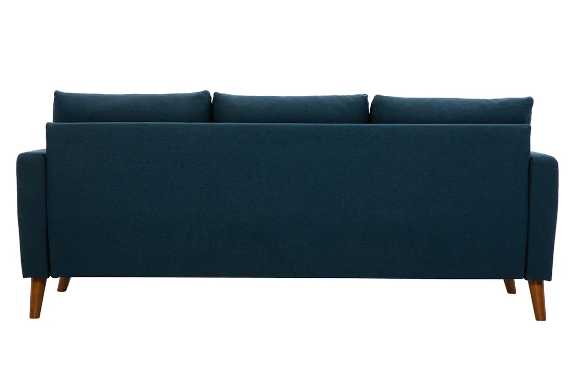 Miliboo Canapé Design|Voir Tous Les Canapés-Canapé 3 places en tissu bleu foncé et bois foncé MUNIK