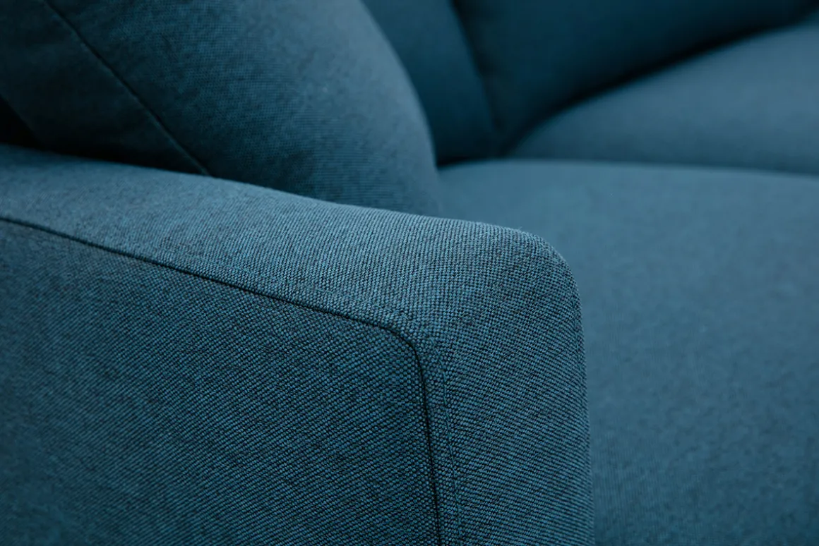 Miliboo Canapé Design|Voir Tous Les Canapés-Canapé 3 places en tissu bleu foncé et bois foncé MUNIK