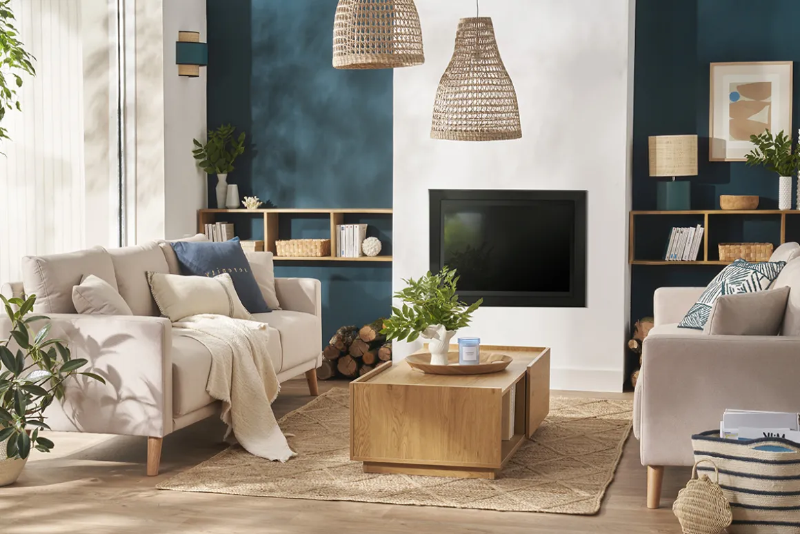 Miliboo Canapé Design|Voir Tous Les Canapés-Canapé 3 places en tissu bleu foncé et bois foncé MUNIK