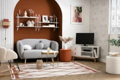 Miliboo Canapé Design|Voir Tous Les Canapés-Canapé 2 places en tissu effet velours jaune moutarde et bois clair FOLK