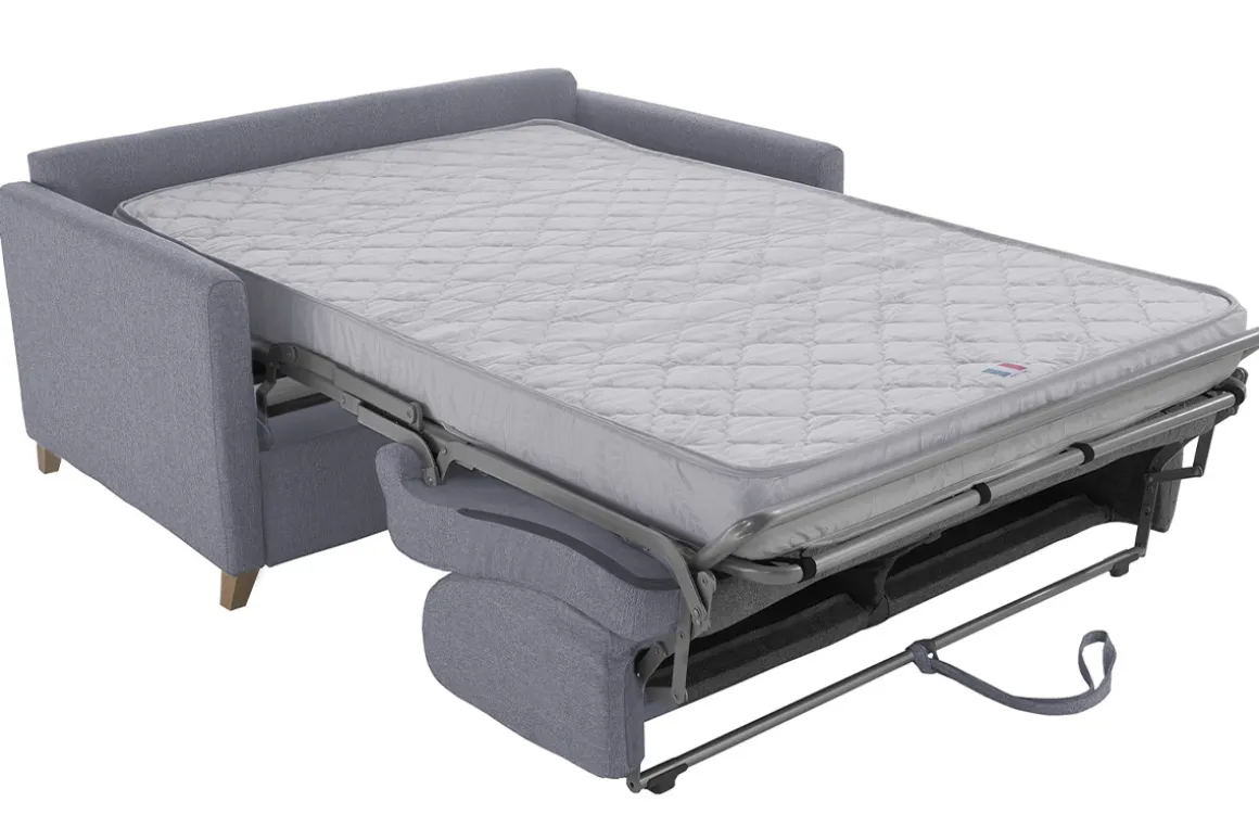 Miliboo Canapé Convertible|Voir Tous Les Canapés-Canapé convertible 2-3 places en tissu gris et bois clair avec matelas 13 cm SKANDY