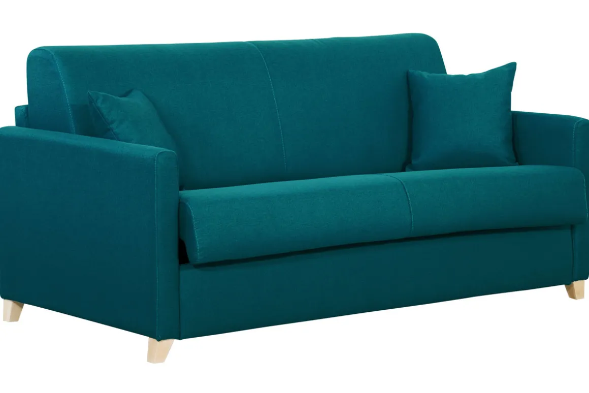 Miliboo Canapé Convertible|Voir Tous Les Canapés-Canapé convertible 3 places en tissu bleu canard et bois clair avec matelas 18 cm SKANDY