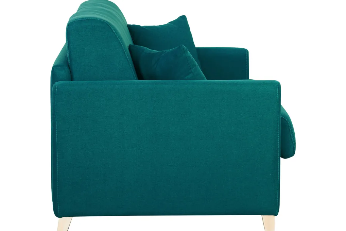 Miliboo Canapé Convertible|Voir Tous Les Canapés-Canapé convertible 3 places en tissu bleu canard et bois clair avec matelas 18 cm SKANDY