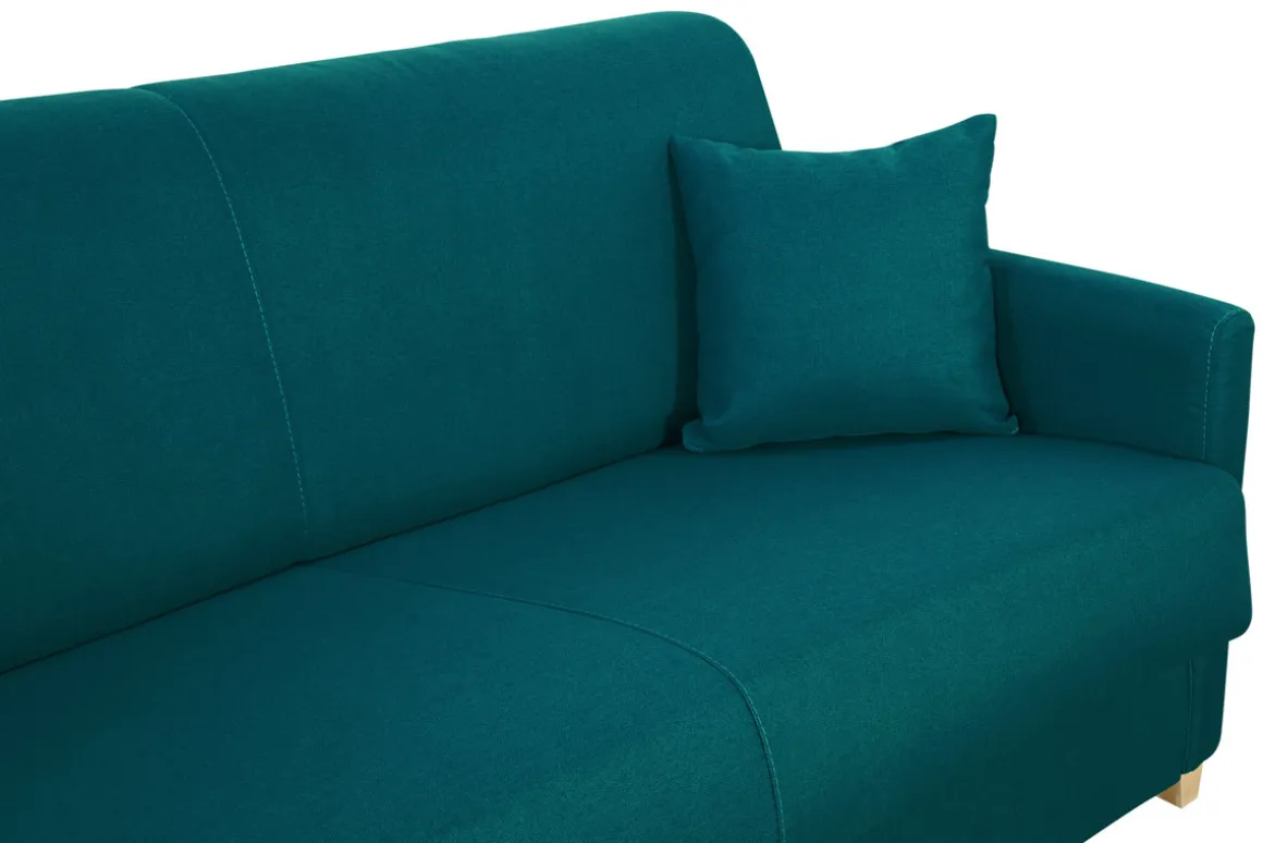 Miliboo Canapé Convertible|Voir Tous Les Canapés-Canapé convertible 3 places en tissu bleu canard et bois clair avec matelas 18 cm SKANDY