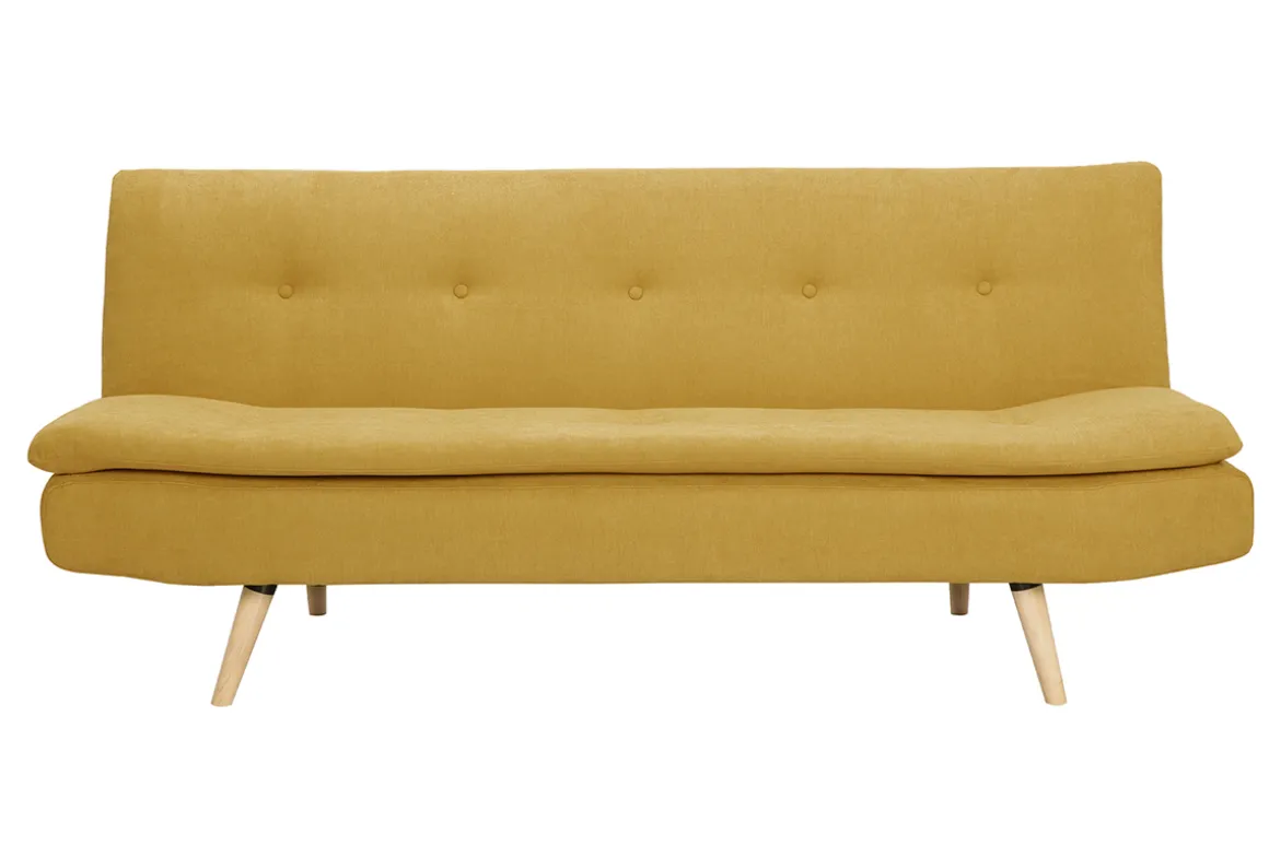 Miliboo Canapé Convertible|Voir Tous Les Canapés-Canapé convertible 3 places en tissu effet velours jaune moutarde et bois clair SENSO