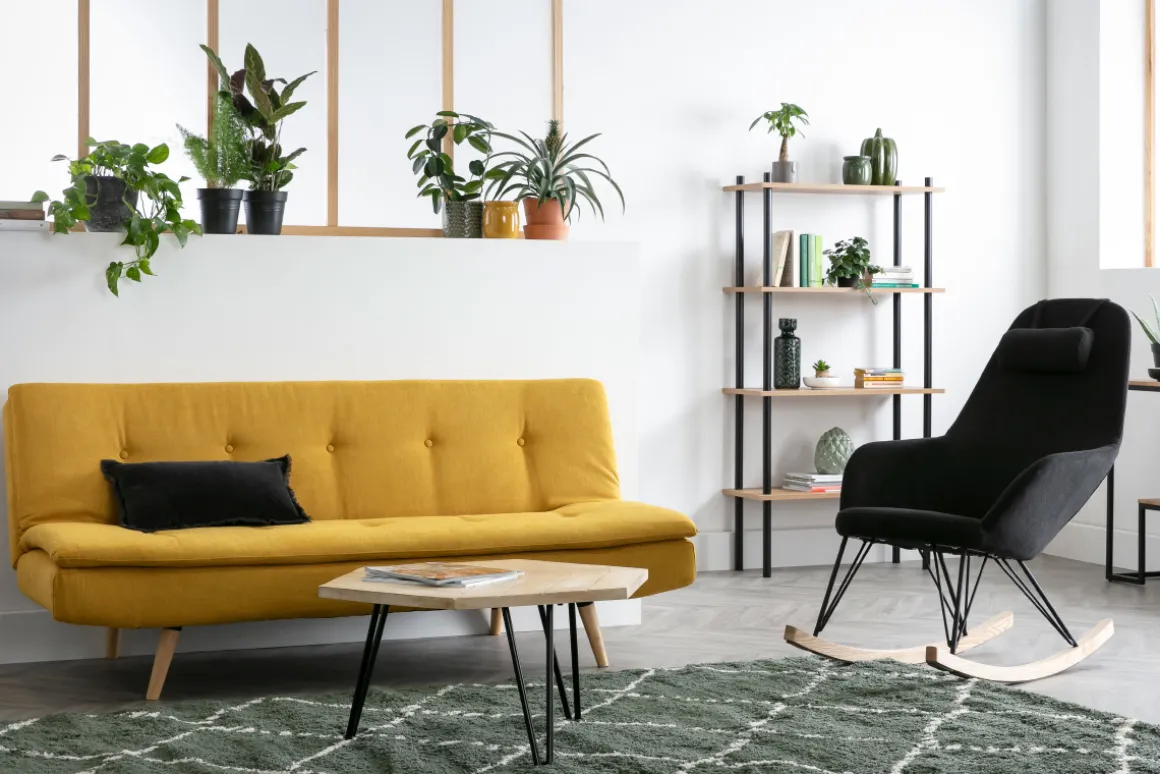 Miliboo Canapé Convertible|Voir Tous Les Canapés-Canapé convertible 3 places en tissu effet velours jaune moutarde et bois clair SENSO