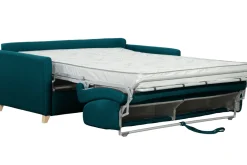 Miliboo Canapé Convertible|Voir Tous Les Canapés-Canapé convertible 3 places en tissu bleu paon et bois clair avec matelas 12 cm SKANDY