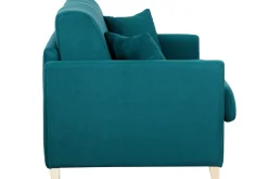 Miliboo Canapé Convertible|Voir Tous Les Canapés-Canapé convertible 3 places en tissu bleu paon et bois clair avec matelas 12 cm SKANDY