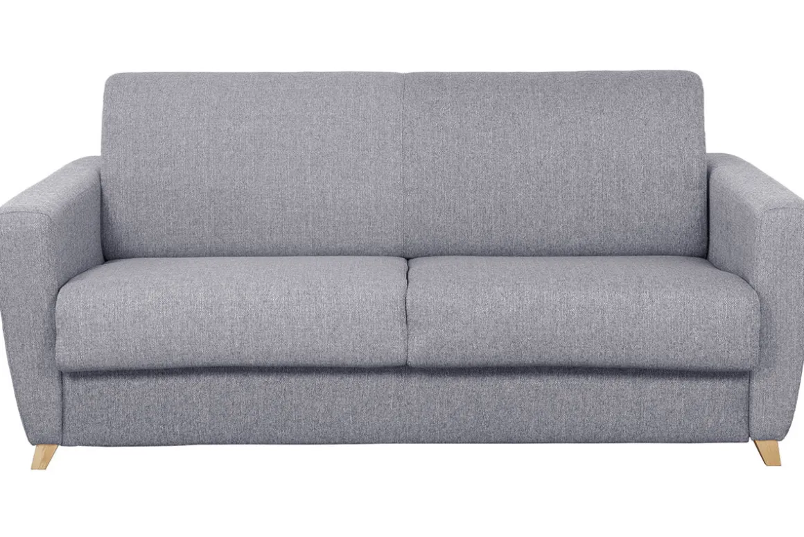 Miliboo Canapé Convertible|Voir Tous Les Canapés-Canapé convertible 3 places en tissu gris clair et bois clair avec matelas L140 cm 13 cm GRAHAM