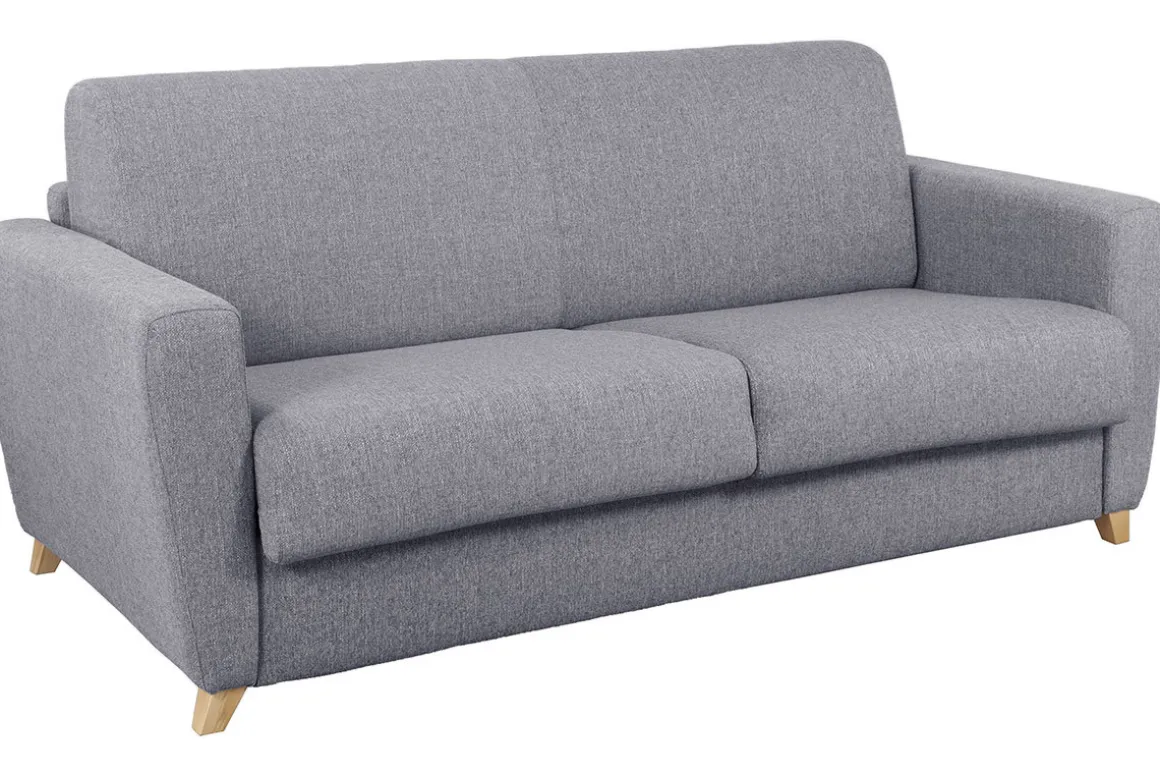 Miliboo Canapé Convertible|Voir Tous Les Canapés-Canapé convertible 3 places en tissu gris clair et bois clair avec matelas L140 cm 13 cm GRAHAM