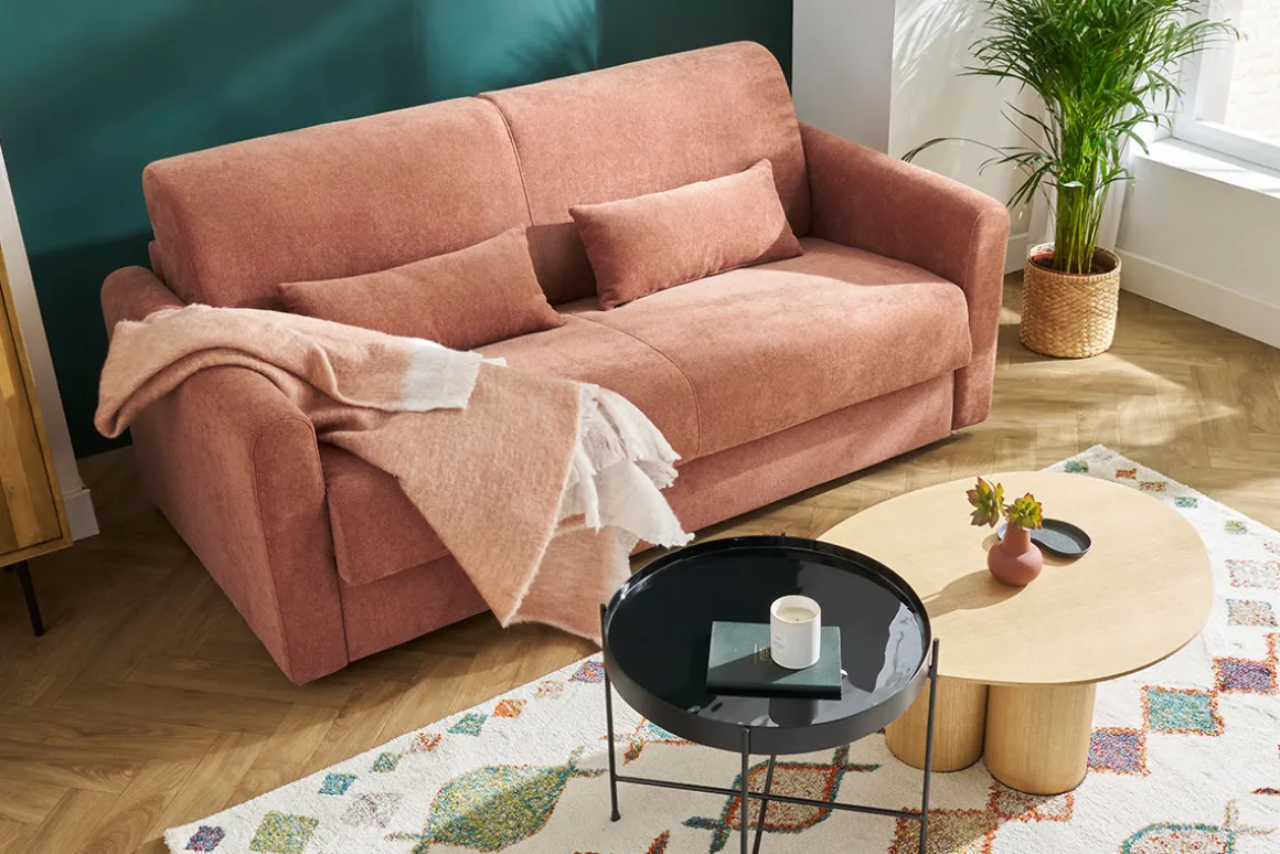 Miliboo Canapé Convertible|Voir Tous Les Canapés-Canapé convertible 3 places en tissu effet velours terracotta avec matelas 13 cm LETTO