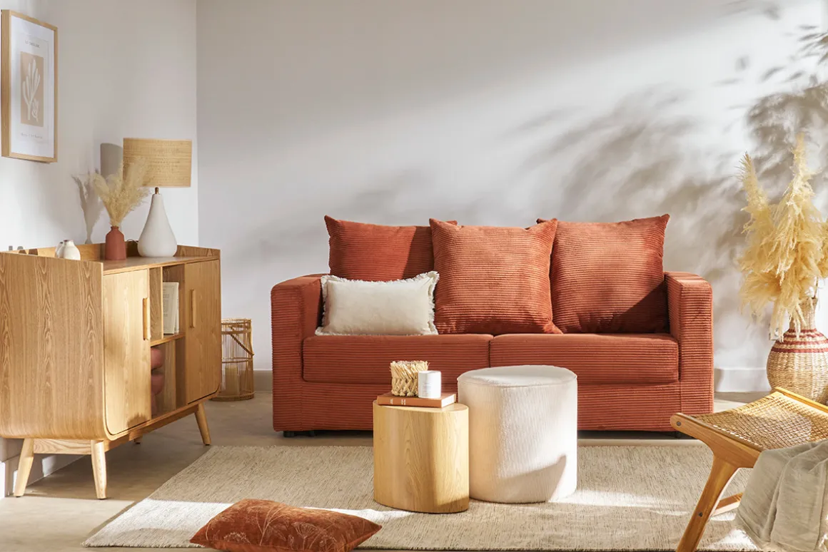 Miliboo Canapé Convertible|Voir Tous Les Canapés-Canapé convertible 3 places en tissu velours côtelé terracotta avec matelas 13 cm BACIO