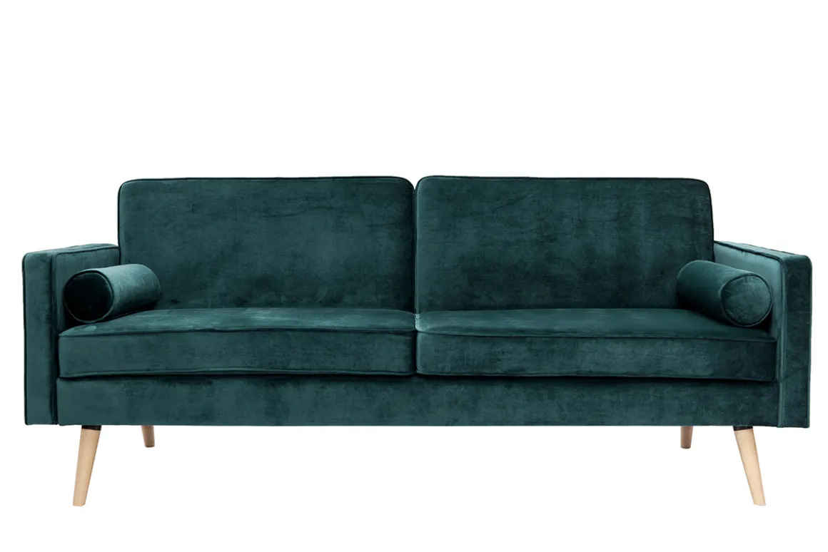 Miliboo Canapé Convertible|Voir Tous Les Canapés-Canapé convertible 3 places en tissu velours bleu pétrole et bois clair MOORE