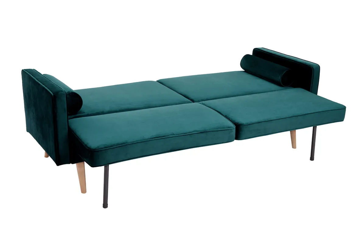 Miliboo Canapé Convertible|Voir Tous Les Canapés-Canapé convertible 3 places en tissu velours bleu pétrole et bois clair MOORE