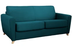 Miliboo Canapé Convertible|Voir Tous Les Canapés-Canapé convertible 3 places en tissu bleu canard et bois clair avec matelas L140 cm 13 cm GRAHAM