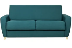 Miliboo Canapé Convertible|Voir Tous Les Canapés-Canapé convertible 3 places en tissu bleu canard et bois clair avec matelas 18 cm GRAHAM