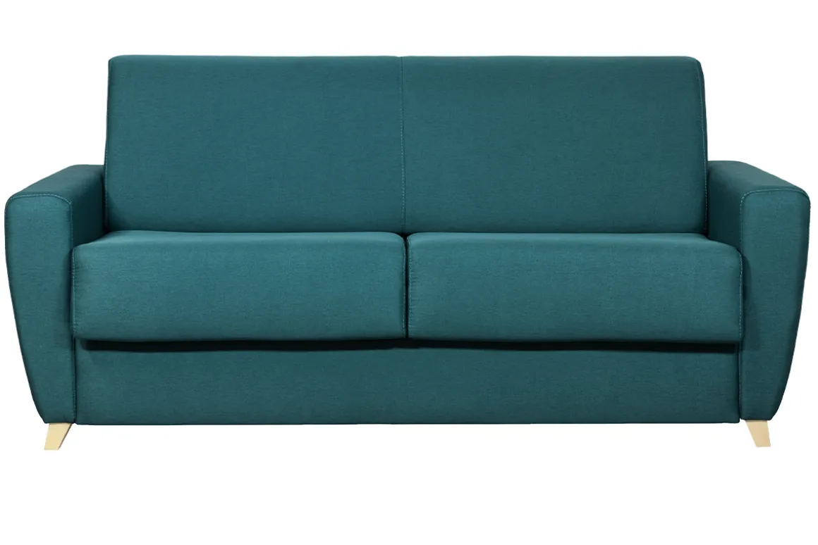 Miliboo Canapé Convertible|Voir Tous Les Canapés-Canapé convertible 3 places en tissu bleu canard et bois clair avec matelas 18 cm GRAHAM