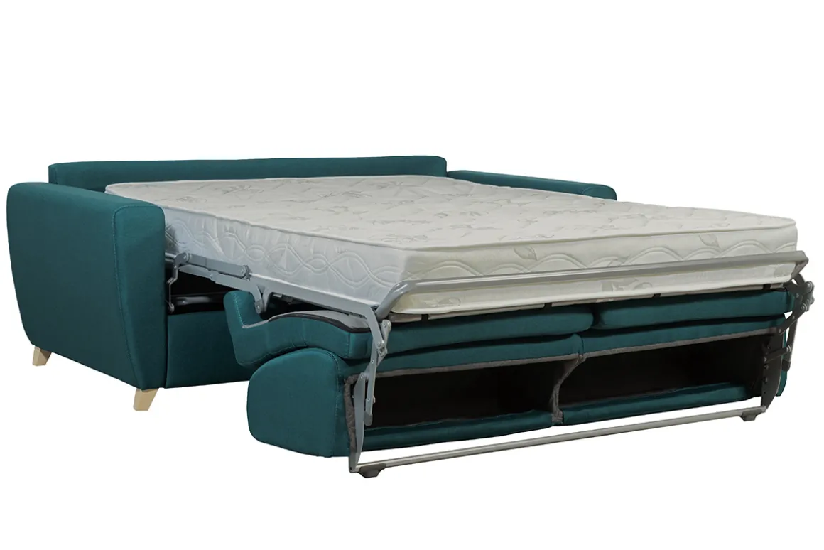 Miliboo Canapé Convertible|Voir Tous Les Canapés-Canapé convertible 3 places en tissu bleu canard et bois clair avec matelas 18 cm GRAHAM
