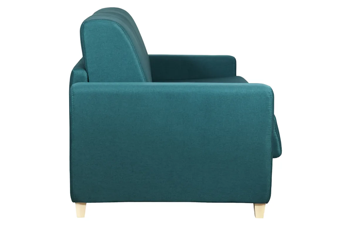 Miliboo Canapé Convertible|Voir Tous Les Canapés-Canapé convertible 3 places en tissu bleu canard et bois clair avec matelas 18 cm GRAHAM