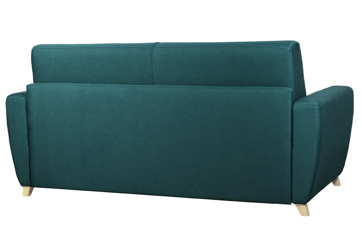 Miliboo Canapé Convertible|Voir Tous Les Canapés-Canapé convertible 3 places en tissu bleu canard et bois clair avec matelas 18 cm GRAHAM