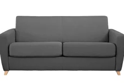 Miliboo Canapé Design|Voir Tous Les Canapés-Canapé convertible 3 places en tissu gris foncé et bois clair avec matelas L140 cm 12 cm GRAHAM