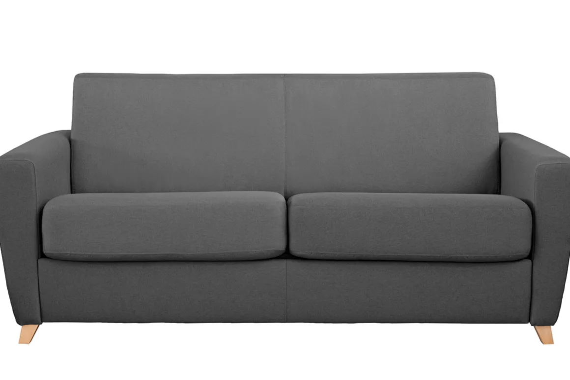 Miliboo Canapé Design|Voir Tous Les Canapés-Canapé convertible 3 places en tissu gris foncé et bois clair avec matelas L140 cm 12 cm GRAHAM