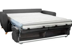 Miliboo Canapé Design|Voir Tous Les Canapés-Canapé convertible 3 places en tissu gris foncé et bois clair avec matelas L140 cm 12 cm GRAHAM
