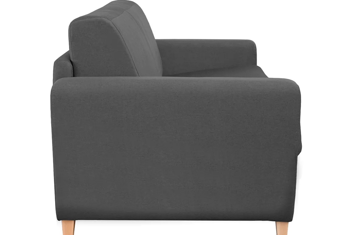 Miliboo Canapé Design|Voir Tous Les Canapés-Canapé convertible 3 places en tissu gris foncé et bois clair avec matelas L140 cm 12 cm GRAHAM