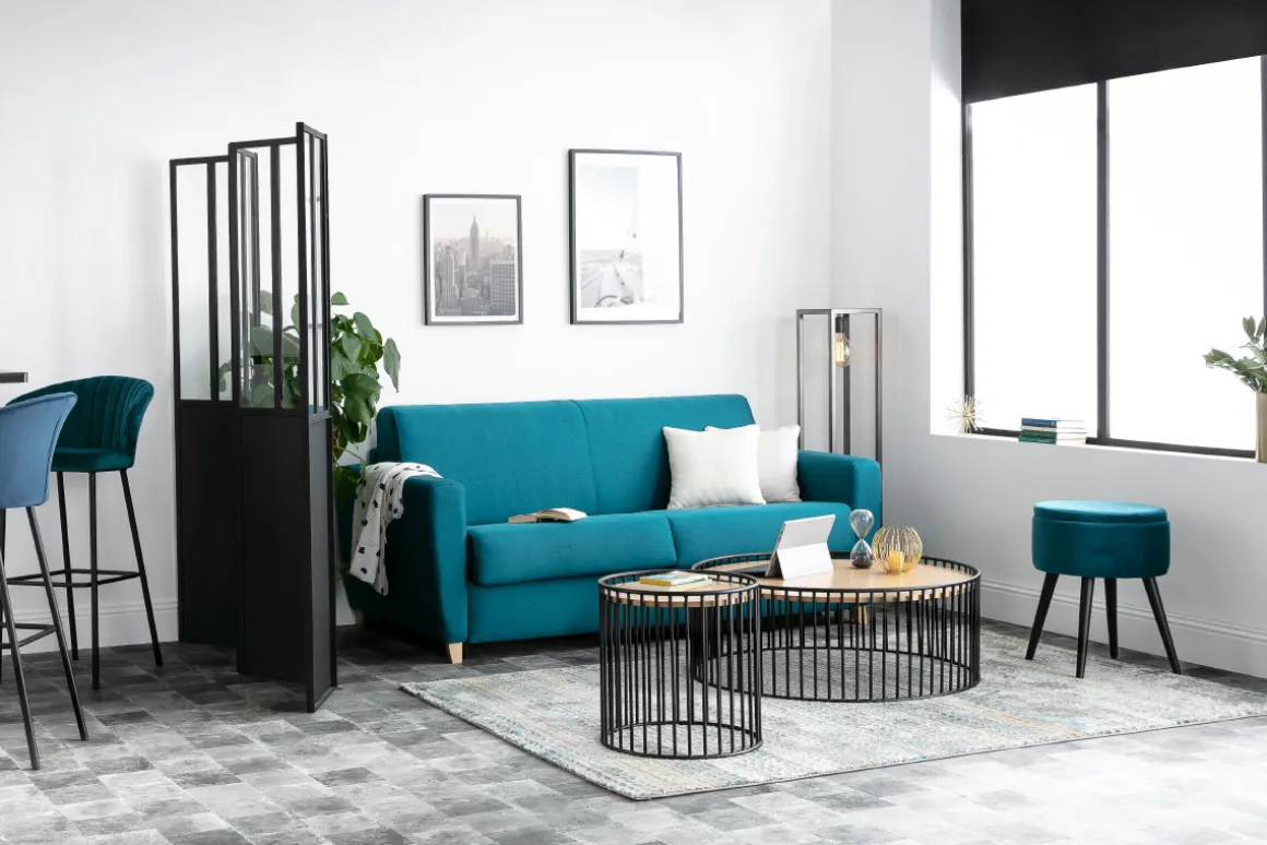 Miliboo Canapé Design|Voir Tous Les Canapés-Canapé convertible 3 places en tissu gris foncé et bois clair avec matelas L140 cm 12 cm GRAHAM