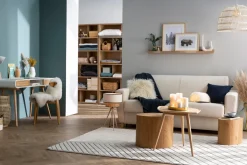 Miliboo Canapé Design|Voir Tous Les Canapés-Canapé convertible 3 places en tissu gris foncé et bois clair avec matelas L140 cm 12 cm GRAHAM