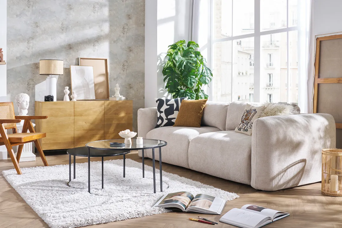 Miliboo Canapé Convertible|Voir Tous Les Canapés-Canapé convertible avec coffre 4 places en tissu velours chenille beige CRUSH