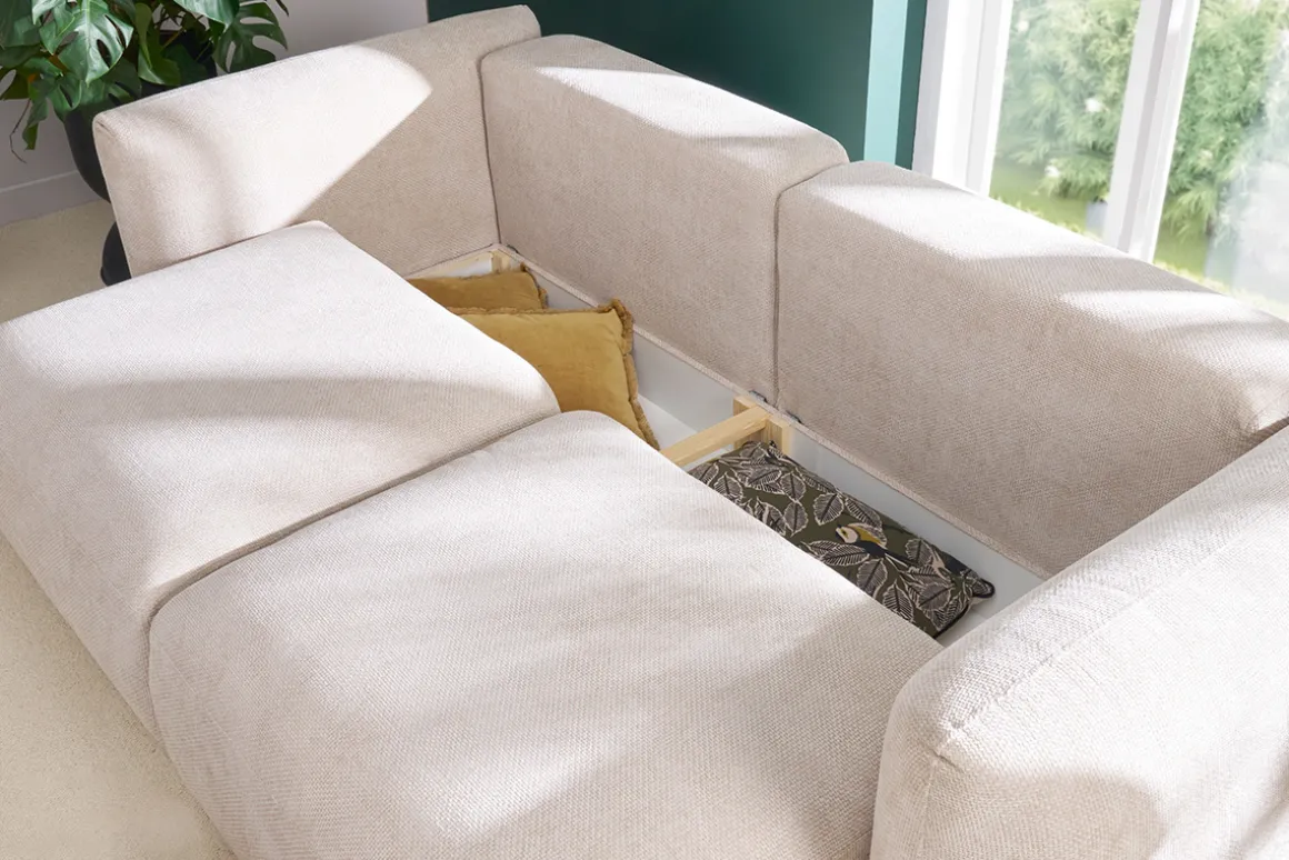 Miliboo Canapé Convertible|Voir Tous Les Canapés-Canapé convertible avec coffre 4 places en tissu velours chenille beige CRUSH