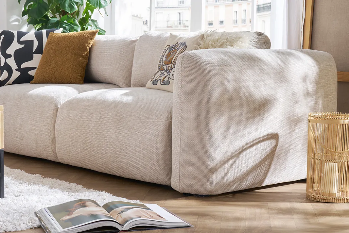 Miliboo Canapé Convertible|Voir Tous Les Canapés-Canapé convertible avec coffre 4 places en tissu velours chenille beige CRUSH