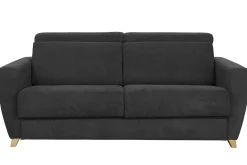 Miliboo Canapé Convertible|Voir Tous Les Canapés-Canapé convertible avec têtières ajustables 3 places en tissu effet velours gris anthracite et bois clair avec matelas 13 cm GOYA