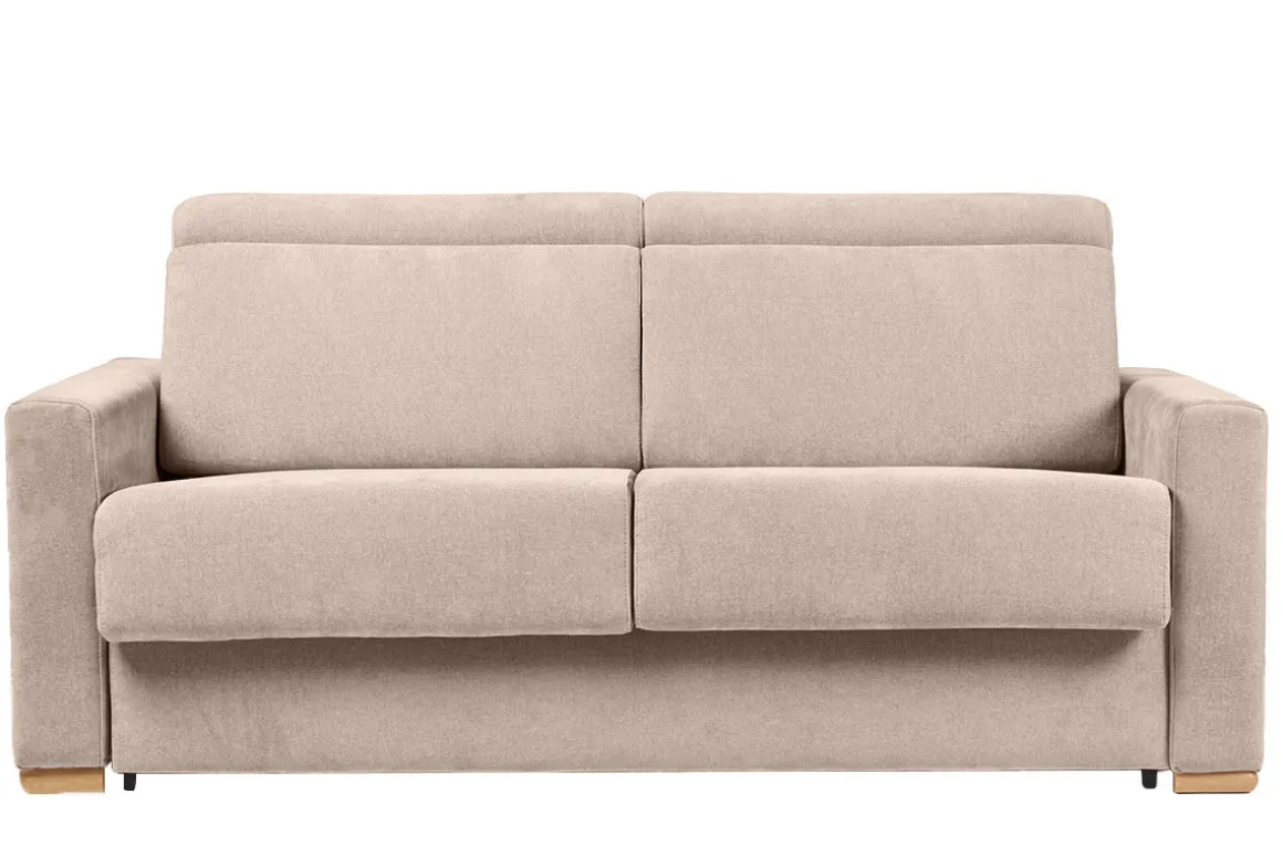 Miliboo Canapé Convertible|Voir Tous Les Canapés-Canapé convertible avec têtières ajustables 3 places en tissu effet velours beige avec matelas 18 cm NORO