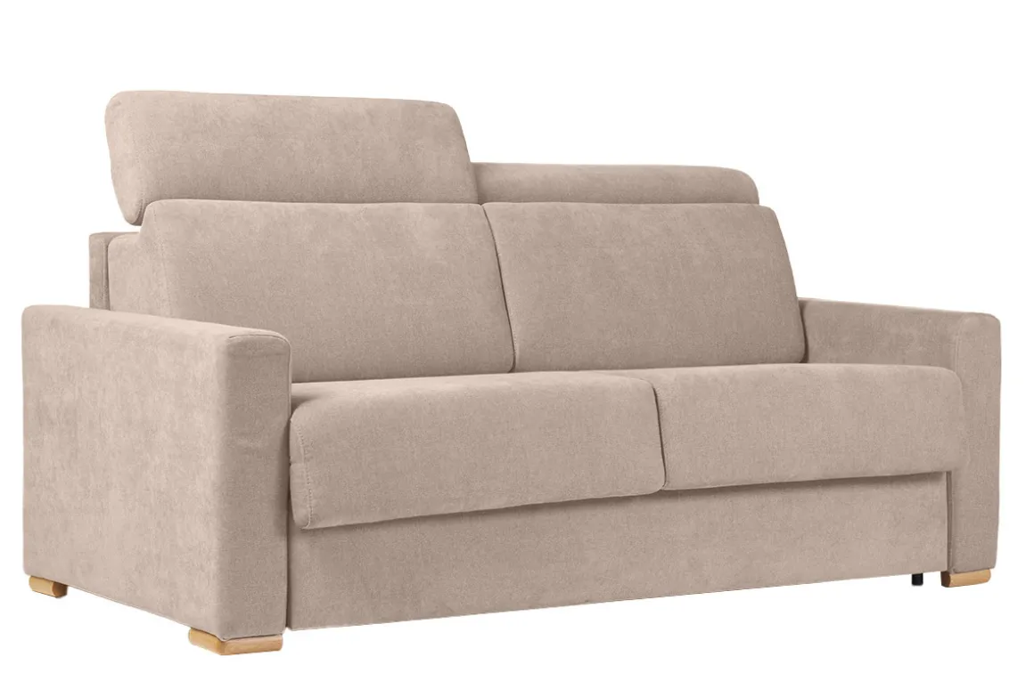 Miliboo Canapé Convertible|Voir Tous Les Canapés-Canapé convertible avec têtières ajustables 3 places en tissu effet velours beige avec matelas 18 cm NORO
