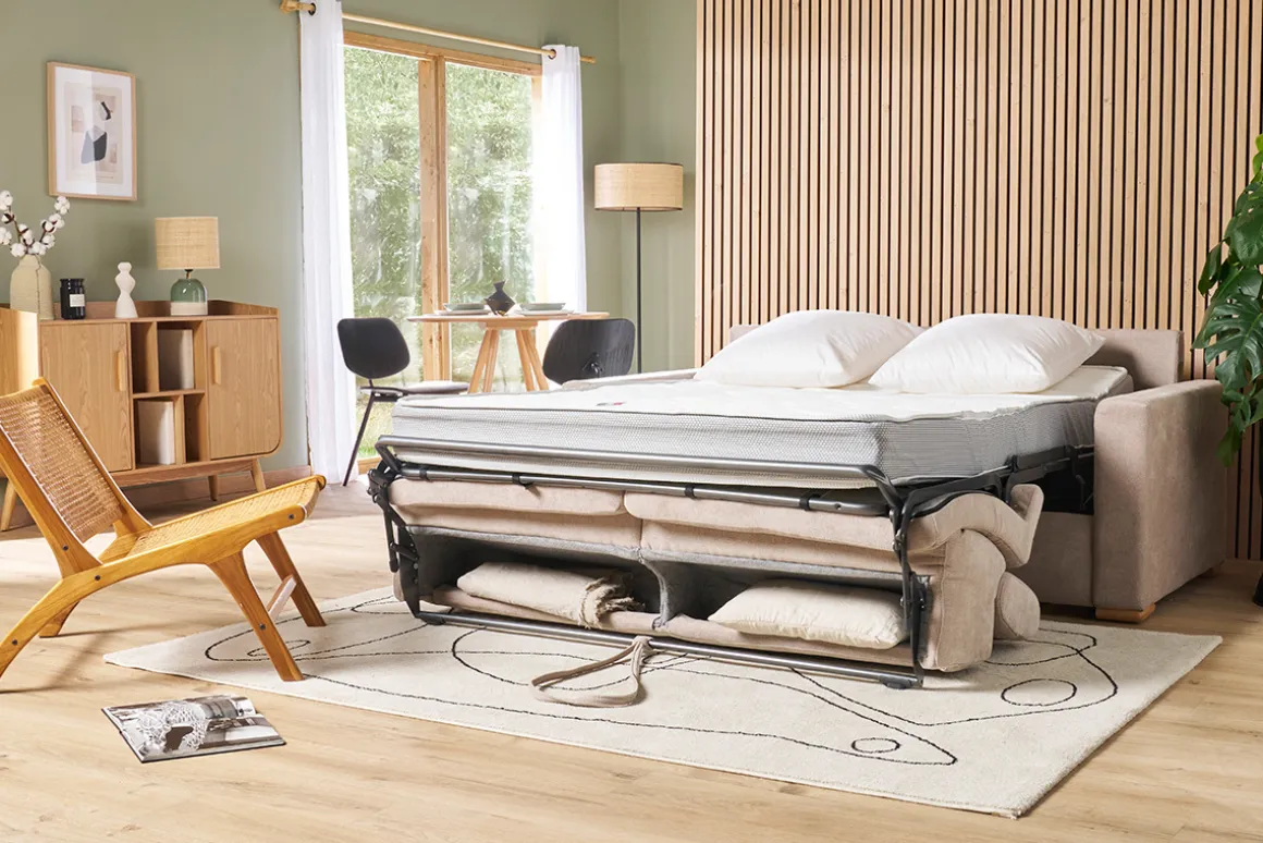 Miliboo Canapé Convertible|Voir Tous Les Canapés-Canapé convertible avec têtières ajustables 3 places en tissu effet velours beige avec matelas 18 cm NORO