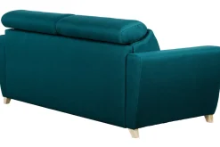 Miliboo Canapé Convertible|Voir Tous Les Canapés-Canapé convertible avec têtières ajustables 3 places en tissu bleu paon et bois clair avec matelas 13 cm GOYA