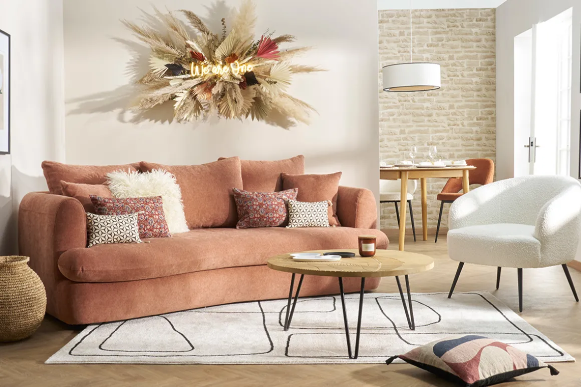 Miliboo Canapé Convertible|Voir Tous Les Canapés-Canapé convertible déhoussable 3-4 places design haricot en tissu effet velours terracotta SACHA