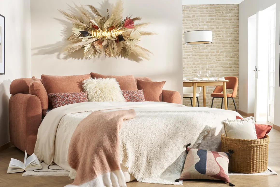 Miliboo Canapé Convertible|Voir Tous Les Canapés-Canapé convertible déhoussable 3-4 places design haricot en tissu effet velours terracotta SACHA