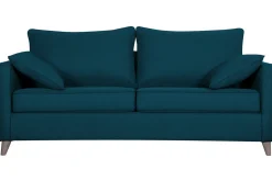 Miliboo Canapé Convertible|Voir Tous Les Canapés-Canapé convertible scandinave 3 places en tissu bleu canard et bois clair avec matelas 10 cm PAPEL