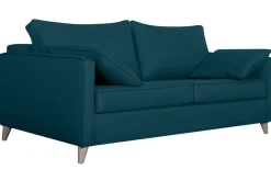 Miliboo Canapé Convertible|Voir Tous Les Canapés-Canapé convertible scandinave 3 places en tissu bleu canard et bois clair avec matelas 10 cm PAPEL