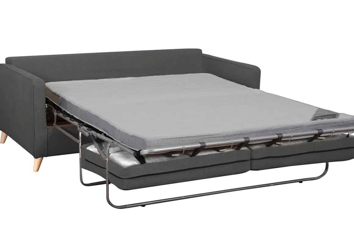 Miliboo Canapé Convertible|Voir Tous Les Canapés-Canapé convertible scandinave 3 places en tissu gris anthracite et bois clair avec matelas 10 cm PAPEL