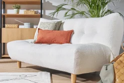 Miliboo Canapé Convertible|Voir Tous Les Canapés-Canapé convertible scandinave 3 places en tissu effet laine bouclée blanc et bois clair YUMI