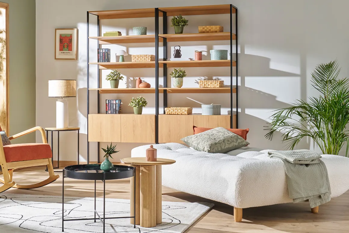 Miliboo Canapé Convertible|Voir Tous Les Canapés-Canapé convertible scandinave 3 places en tissu effet laine bouclée blanc et bois clair YUMI