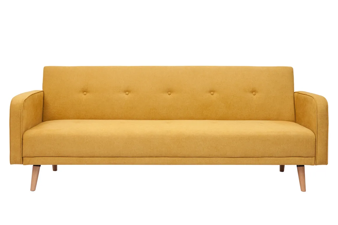 Miliboo Canapé Convertible|Voir Tous Les Canapés-Canapé convertible scandinave 3 places en tissu effet velours jaune moutarde et bois clair ULLA