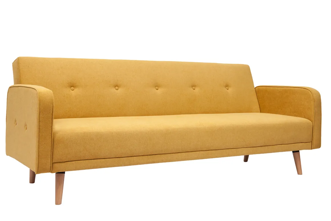 Miliboo Canapé Convertible|Voir Tous Les Canapés-Canapé convertible scandinave 3 places en tissu effet velours jaune moutarde et bois clair ULLA