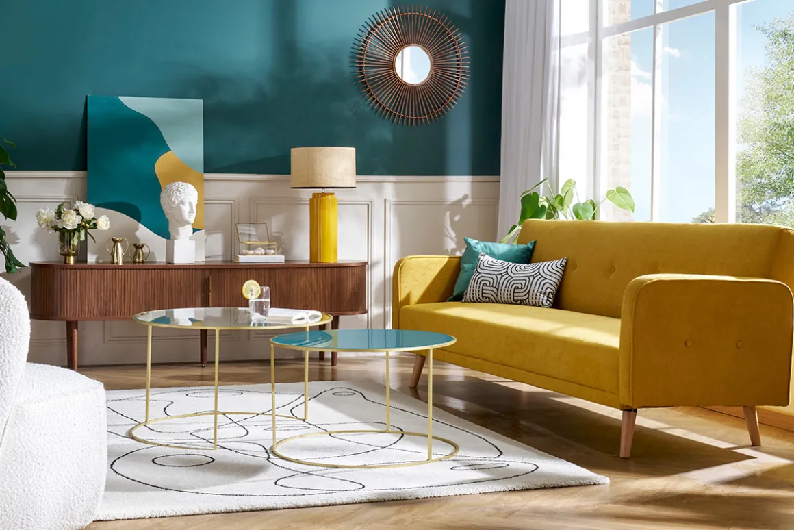 Miliboo Canapé Convertible|Voir Tous Les Canapés-Canapé convertible scandinave 3 places en tissu effet velours jaune moutarde et bois clair ULLA