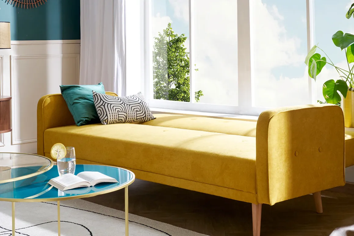 Miliboo Canapé Convertible|Voir Tous Les Canapés-Canapé convertible scandinave 3 places en tissu effet velours jaune moutarde et bois clair ULLA